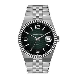 Steel fluted-bezel watch with green dial